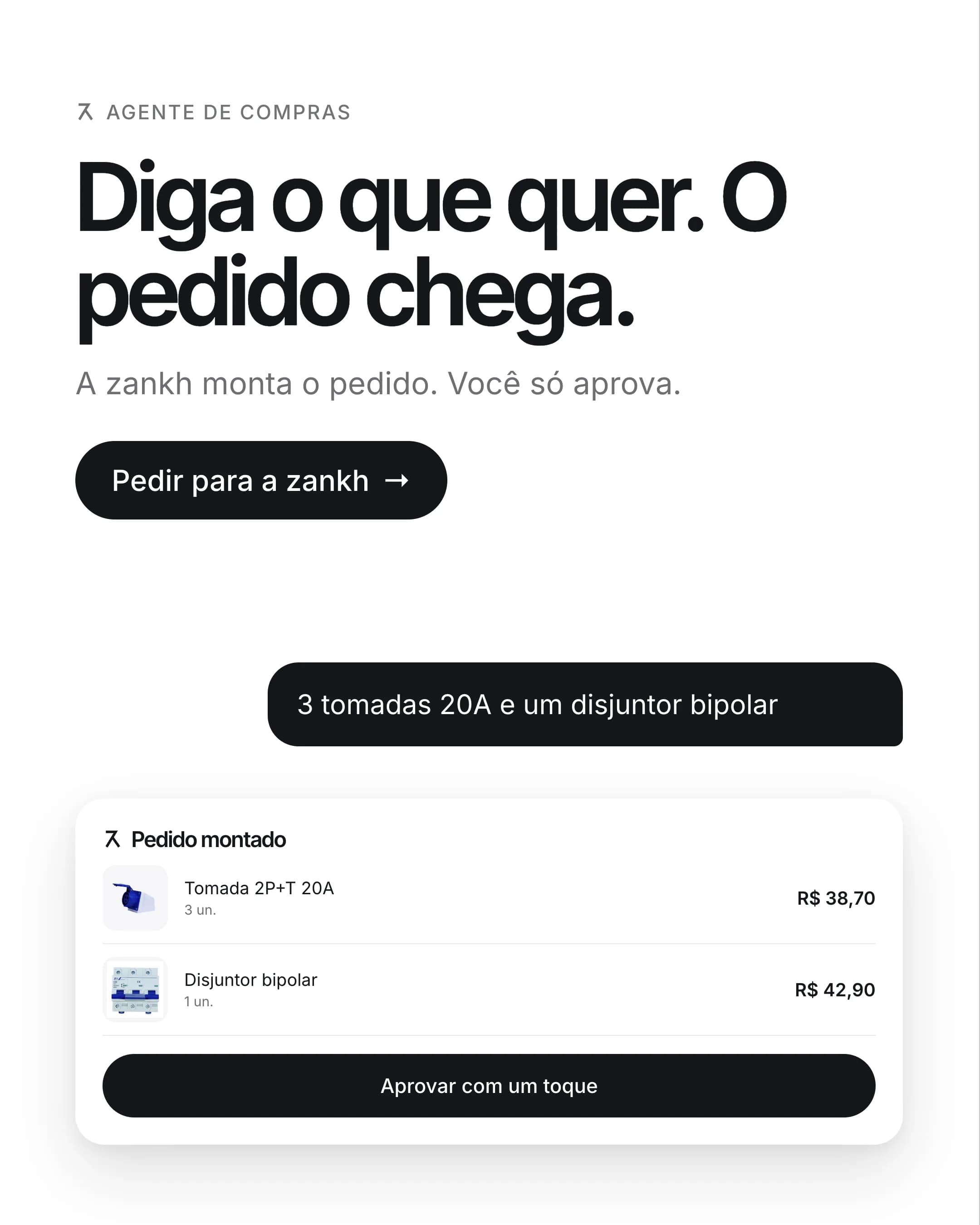 Diga o que quer. O pedido chega. A zankh procura em todas as lojas e monta o pedido.