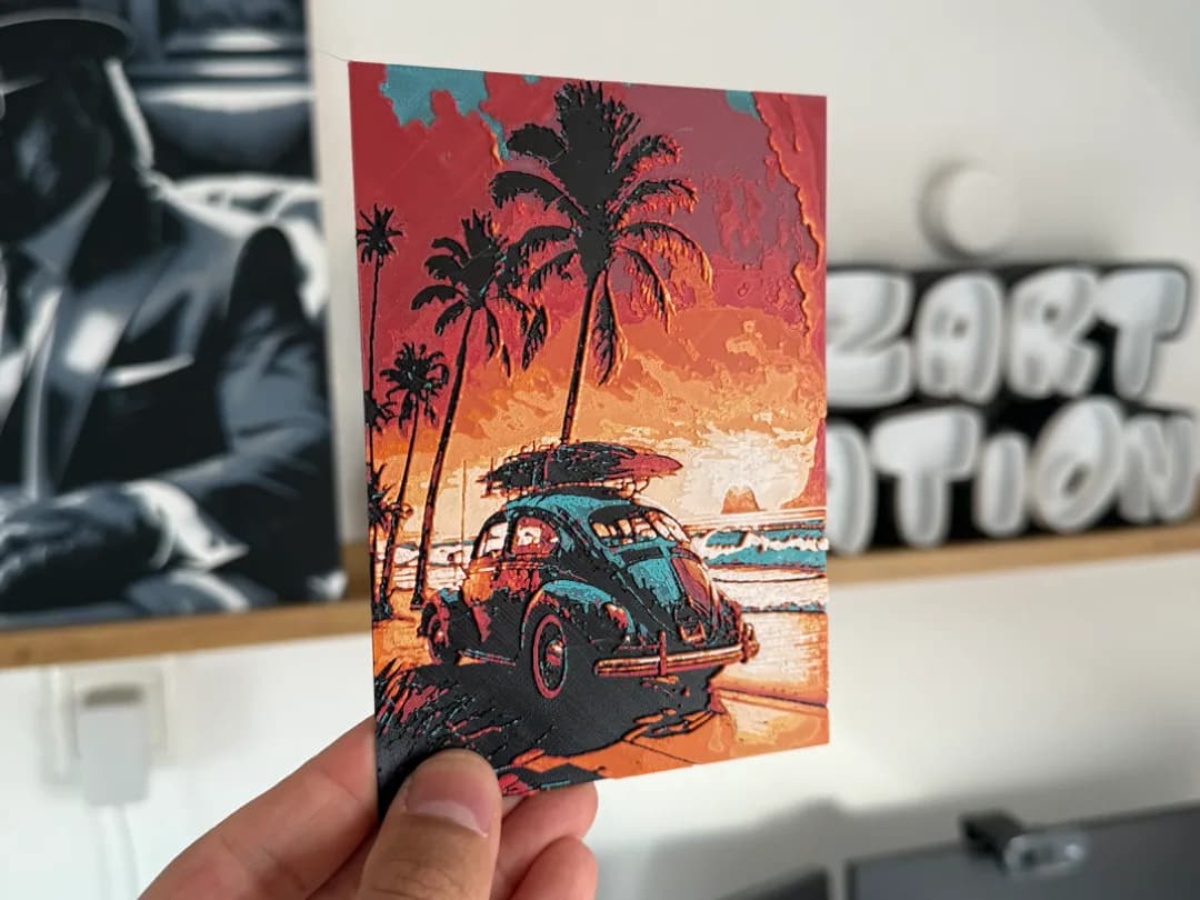 Quadro Carro Clássico na Praia ao Pôr do Sol Impressão 3D