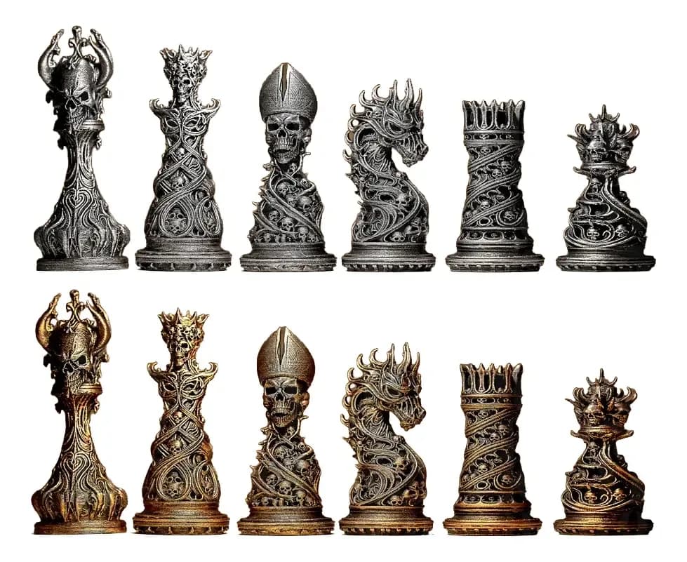 Jogo De Xadrez Medieval 3d Dourado E Prata Caveiras