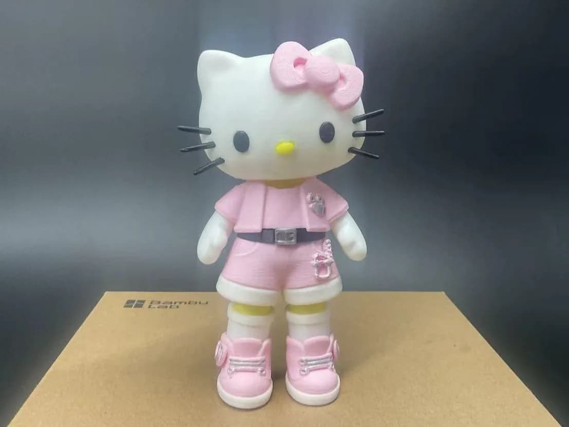 Estatueta Gatinha Branca Fashion de Laço Rosa