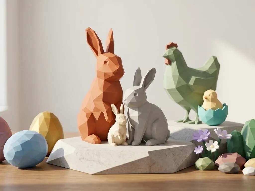 Kit Páscoa Low Poly Coelhos e Galinha Impressão 3D