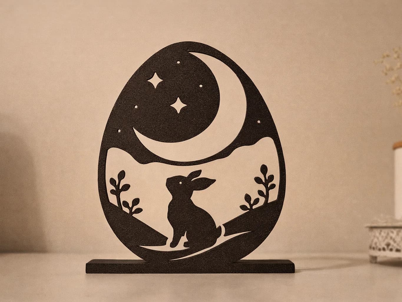 Enfeite de Páscoa Ovo com Coelho e Lua Impressão 3D