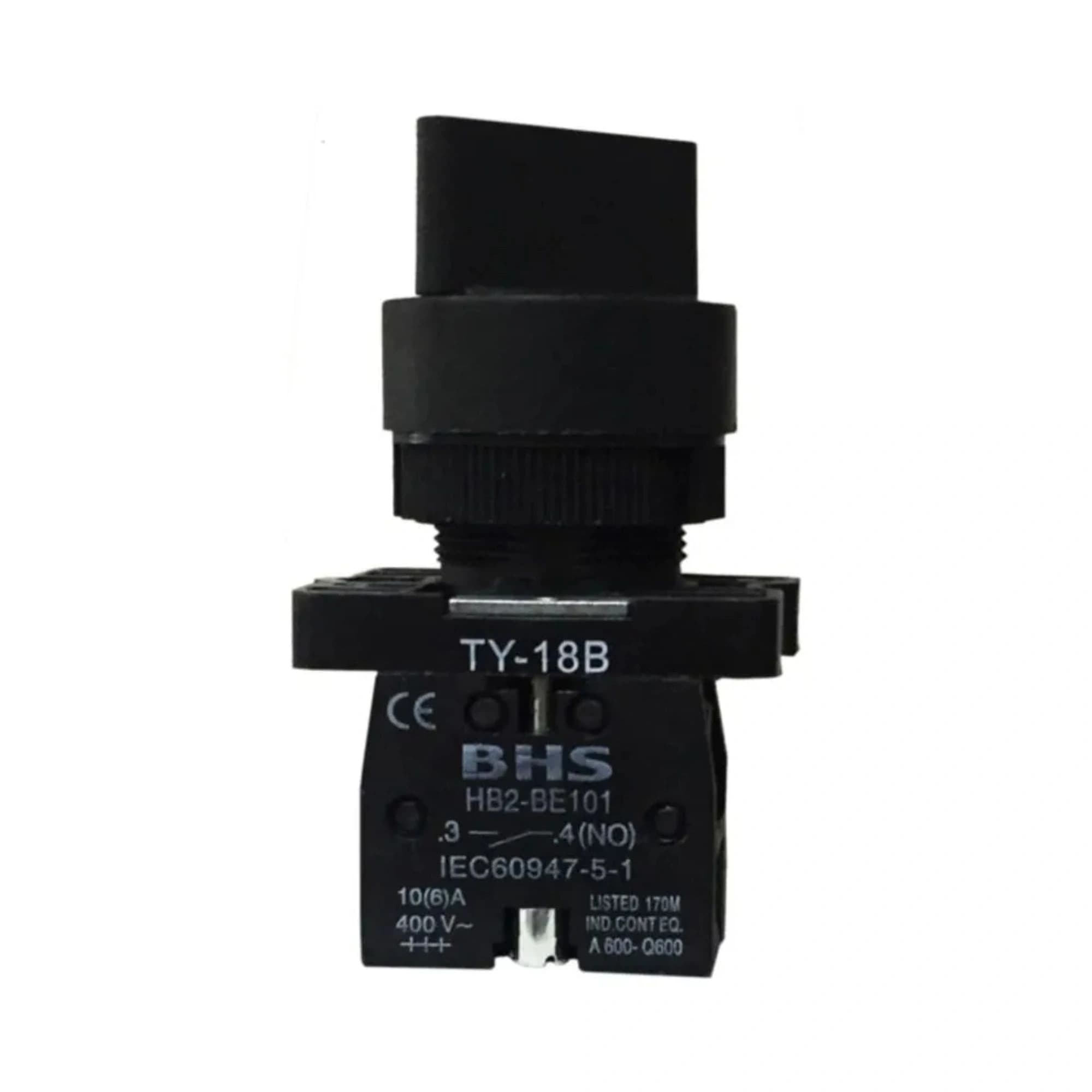 Comutador plástico manopla curta 22mm preto 2 posições com retorno esquerda 1NA HB2-ED41