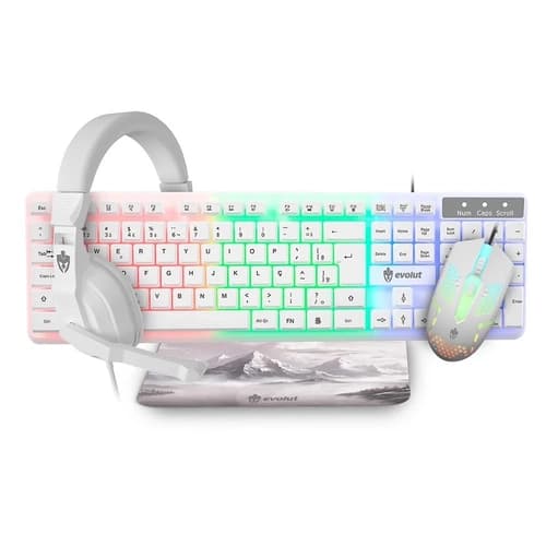 KIT COMBO EVOLUT EG-55 GAMER BRANCO STARTER RGB -TECLADO / MOUSE / HEADSET / MOUSE PAD