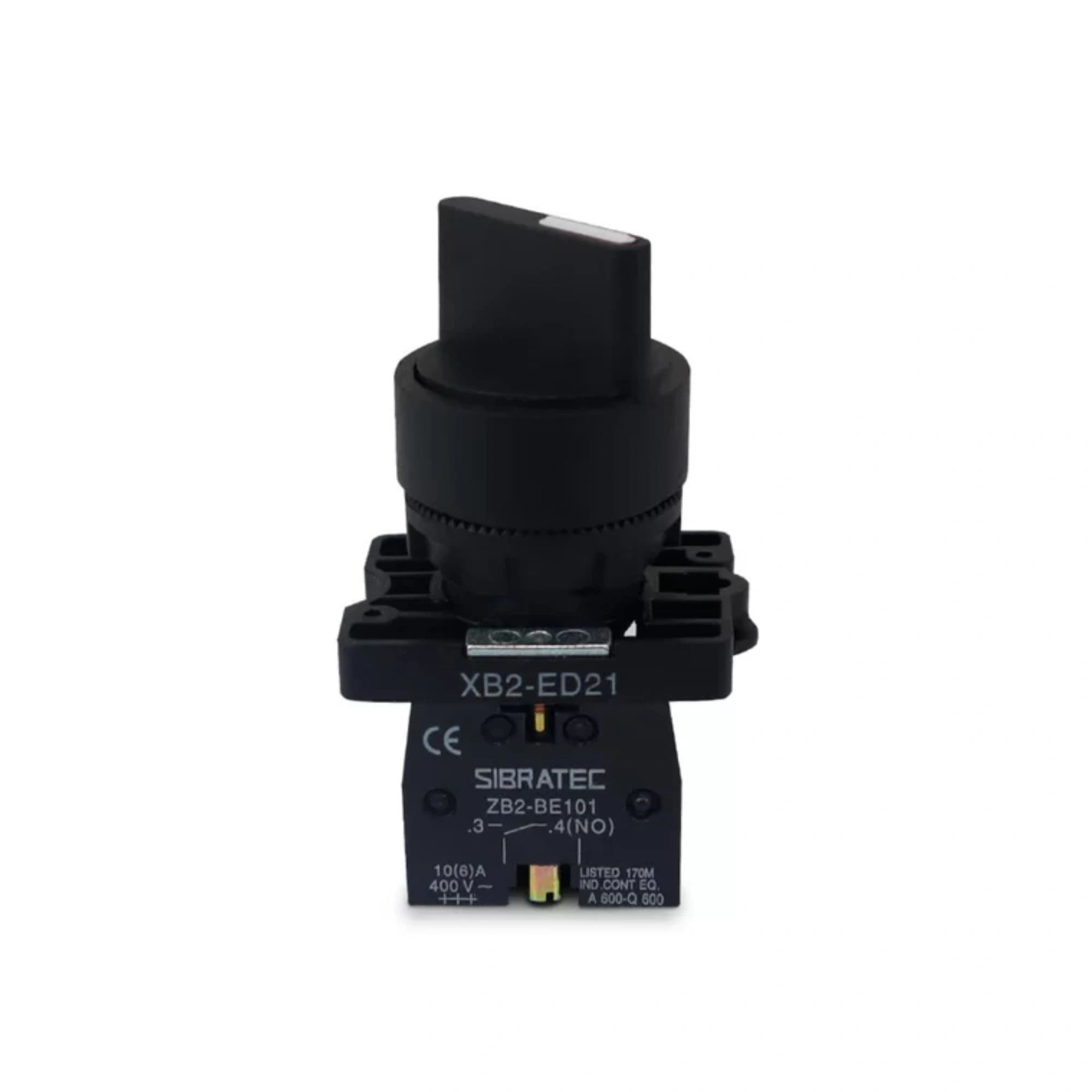 Comutador plástico manopla curta 22mm preto 2 posições fixas 1NA HB2-ED21