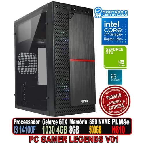 PC GAMER LEGENDS V1 INTEL I3 14100F, GEFORCE GT 1030 4GB, 8GB DDR4, SSD 500GB, PLATE