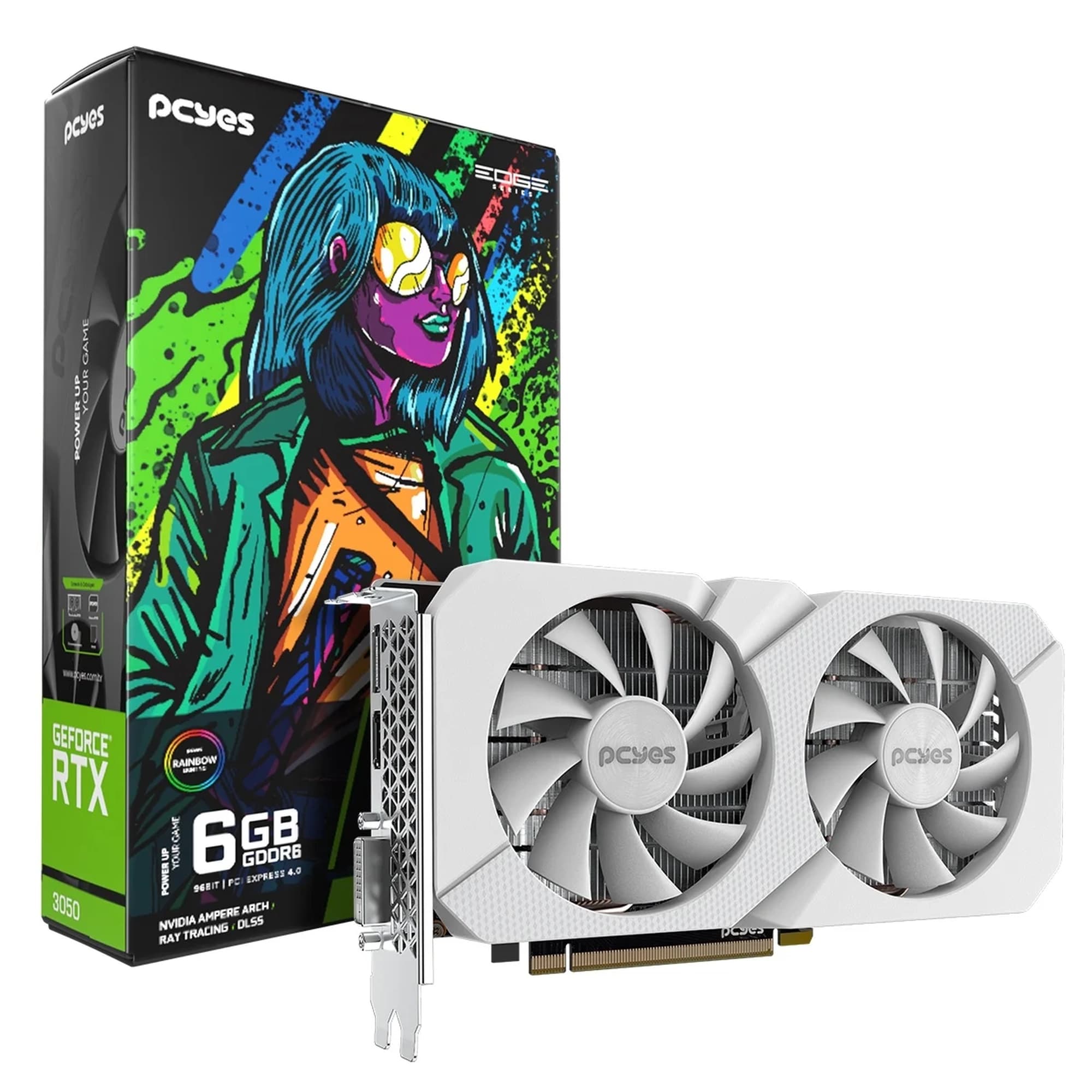 PLACA DE VIDEO GEFORCE RTX 3050 6GB PCYES WHITE GDDR6, 96-BITS, PROJETO EDGE PVRTX30506WTPE