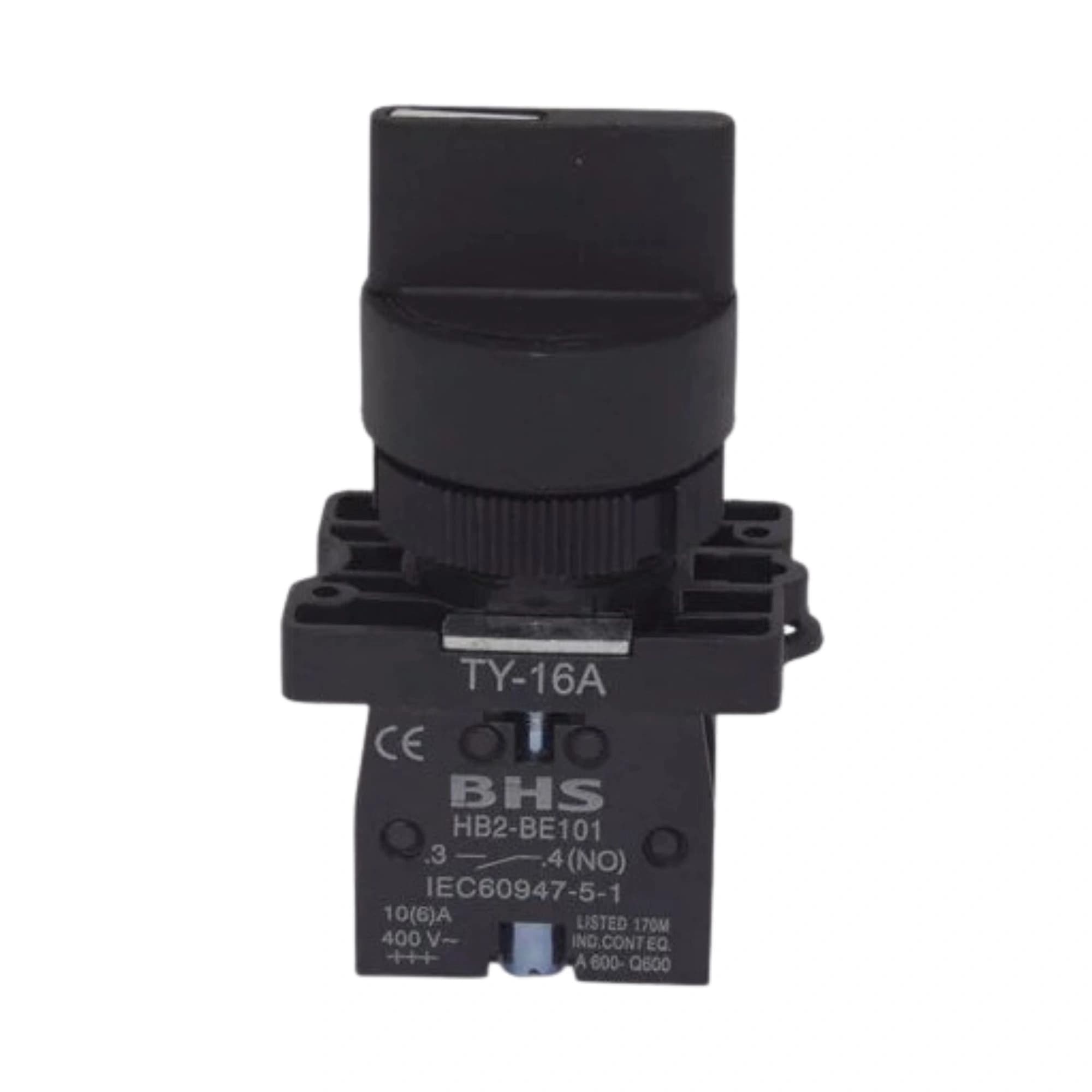 Comutador plástico manopla curta 22mm preto 3 posições fixas 1NA HB2-ED33