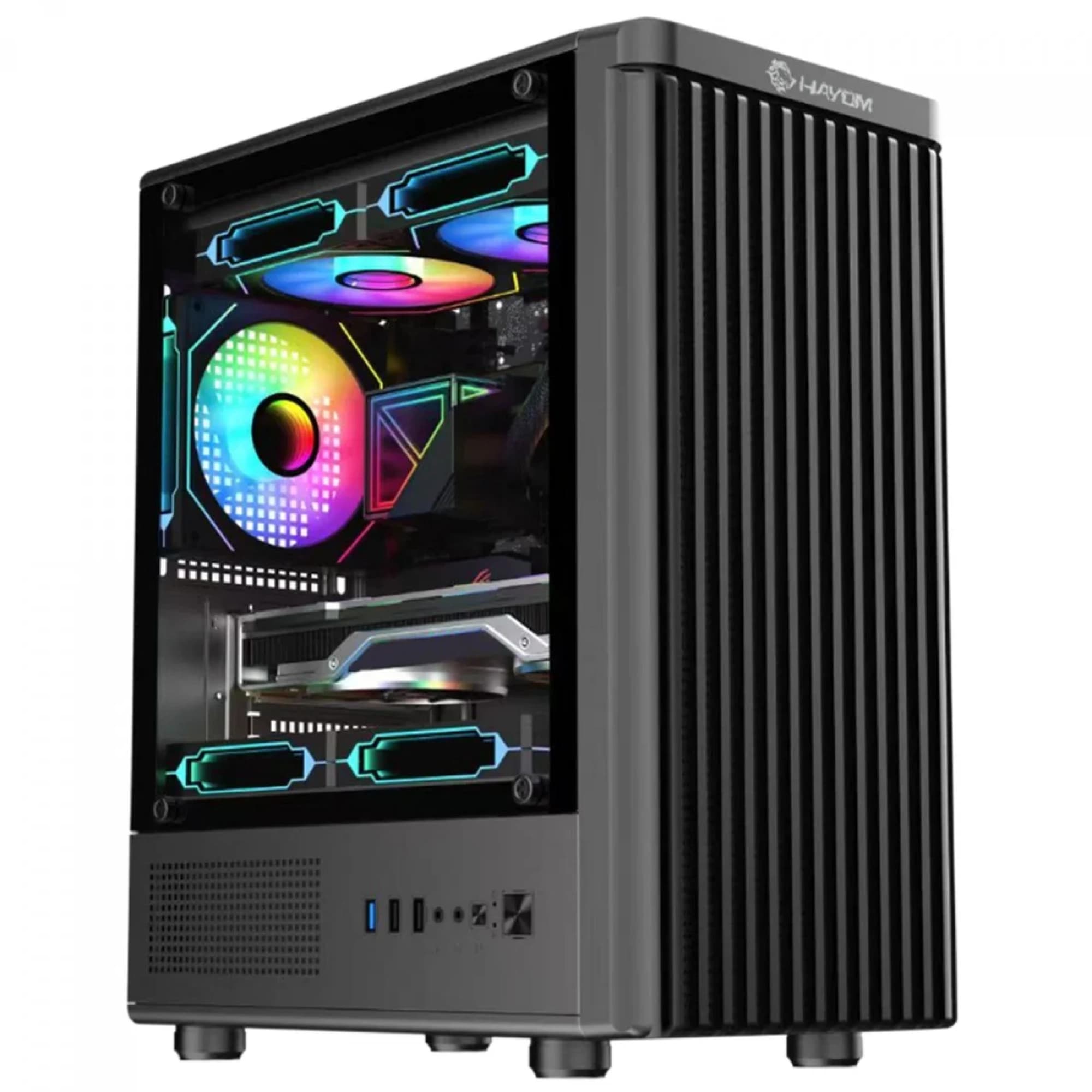 GABINETE GAMER HAYOM GB1727, MID TOWER, LATERAL EM VIDRO, M-ATX, COM 3 FANS, SEM FONTE, PRETO