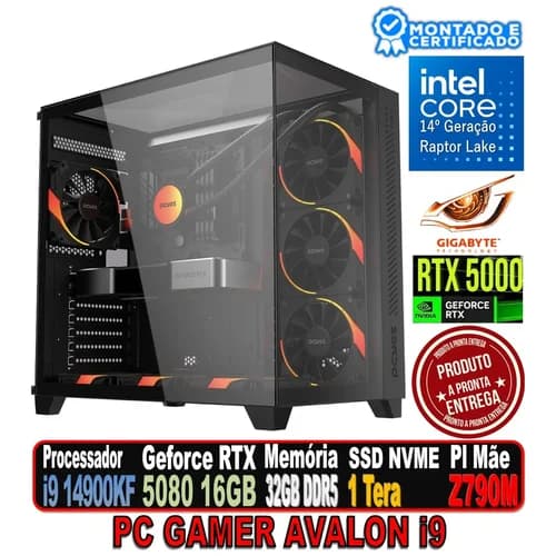 PC GAMER AVALON I9 INTEL i9 14900KF, RTX 5080 16GB, Z790 GIGABYTE, 32GB DR5, SSD NVME 1 TERA, FONTE 1050W, WC 360 ARGB , FORCEFIELD MAX RGB.