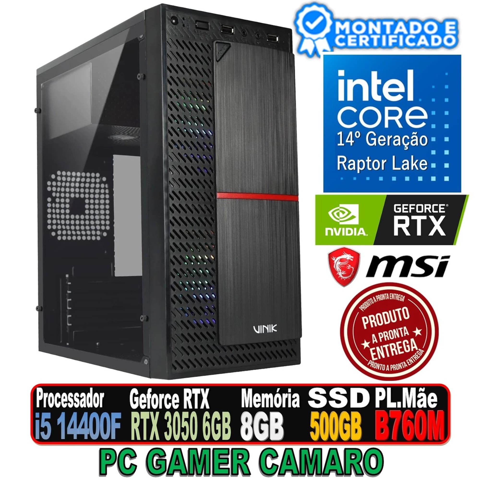 PC GAMER CAMARO INTEL I5 14400F, RTX 3050 6GB, B760M MSI, 8GB DDR4, SSD 480GB, FONTE 600W, PLATE RGB