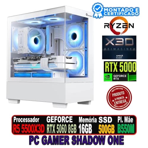 PC GAMER SHADOW ONE AMD RYZEN 5500X3D, ASUS RTX 5060 8GB, 16GB 3200MHZ, GIGABYTE B550M-K, SSD 500GB, 650W 80P, KYRIOS 3 FANS