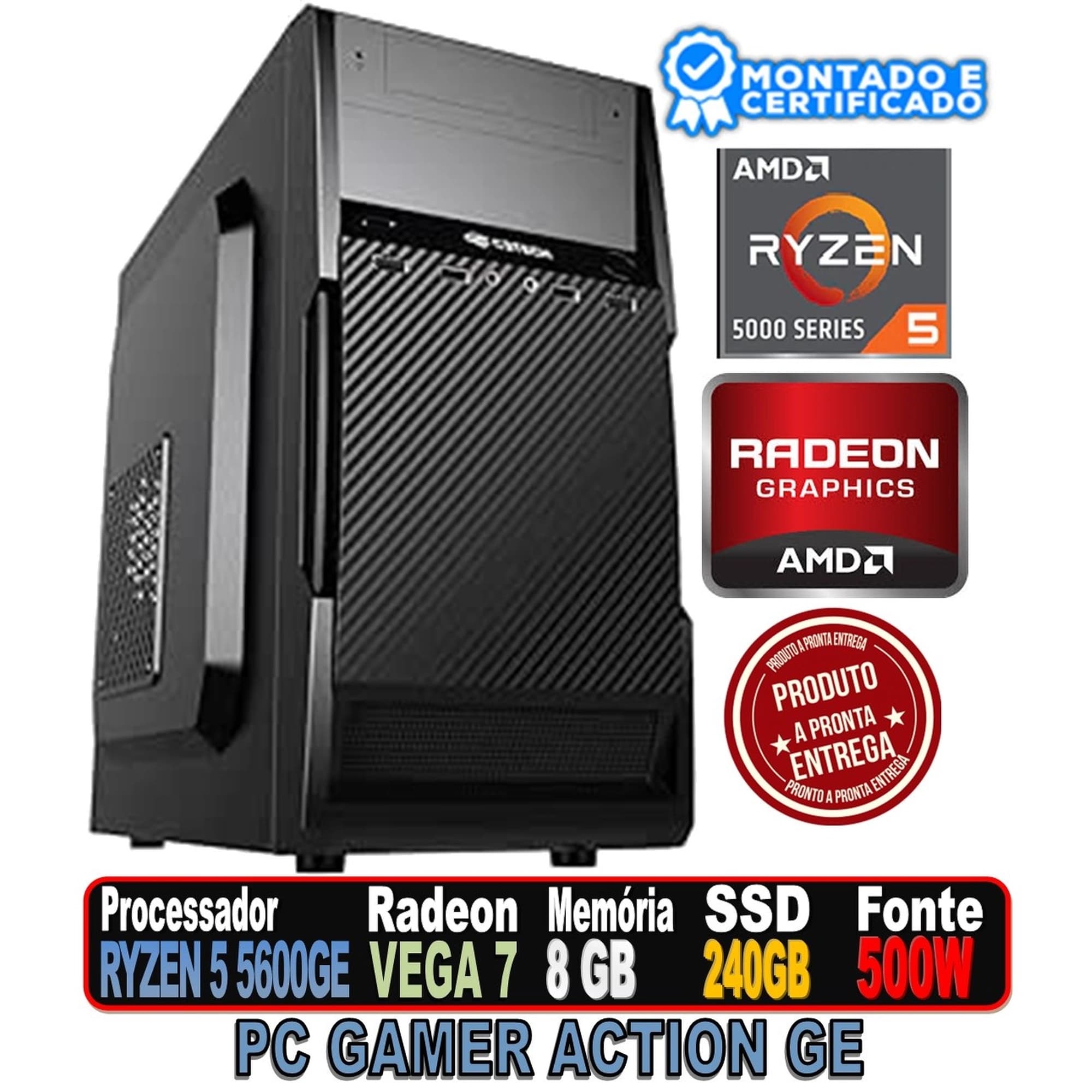 PC GAMER ACTION GE AMD RYZEN 5600GE, MEMORIA 8GB DDR4, PL. MAE A520M, SSD 240GB SATA III, GABINETE PRETO