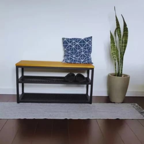 Sapateira Banco com 2 prateleiras em tela 80cm Madeira Estilo Industrial