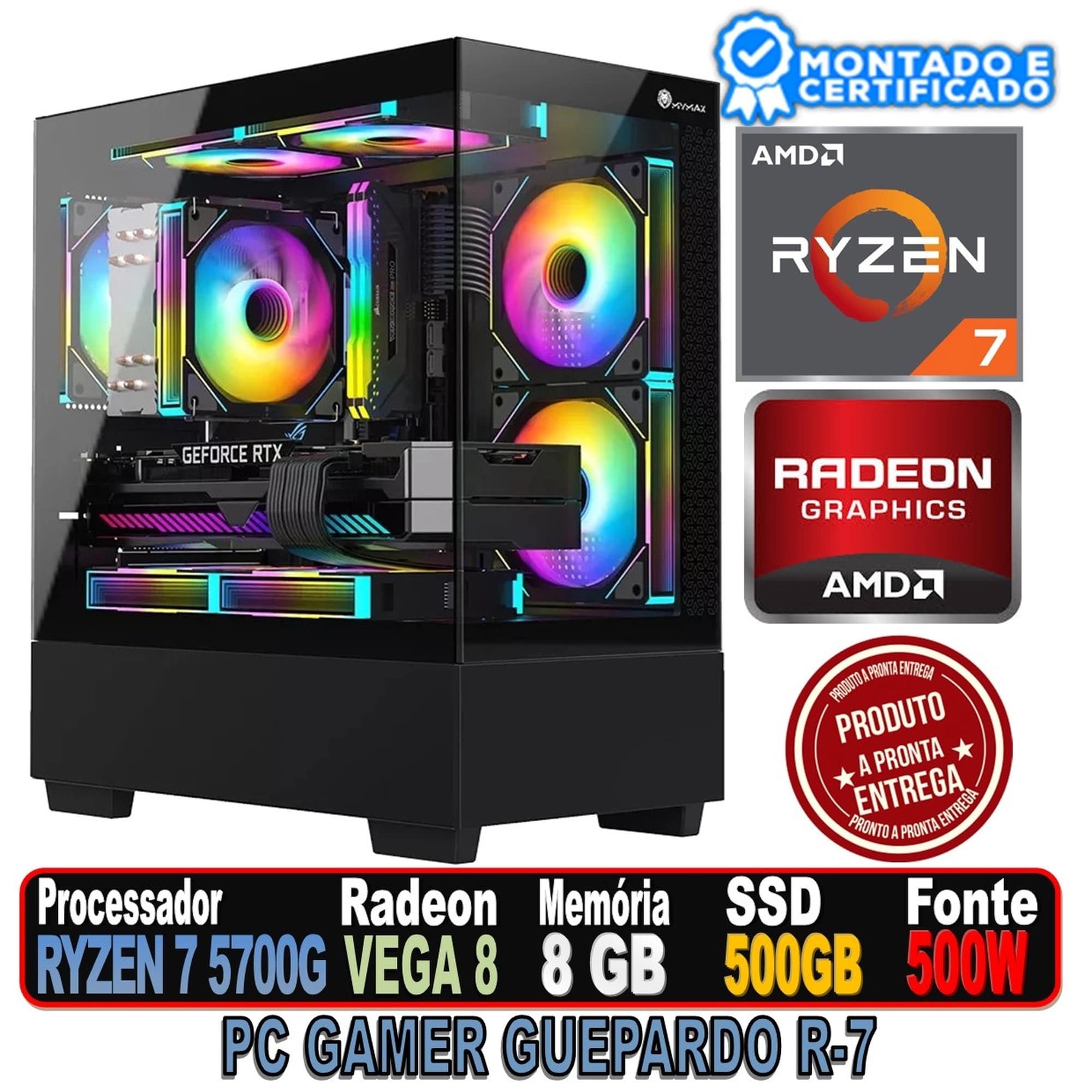 PC GAMER GUEPARDO G-7 AMD RYZEN 7 5700G, VEGA GRAPHICS, ASUS PRIME A520M, 8GB DDR4, SSD 480GB SATA III, FONTE GAMER 600W, GABINETE AQUARIO BLACK