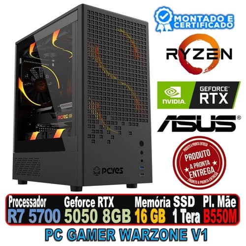PC GAMER WARZONE V1 AMD RYZEN 7 5700, RTX 5050 8GB, 16GB 3200MHZ, B550M ASUS WI FI, SSD 1 TERA, FONTE 650W 80PLUS, GABINETE OZARA BK