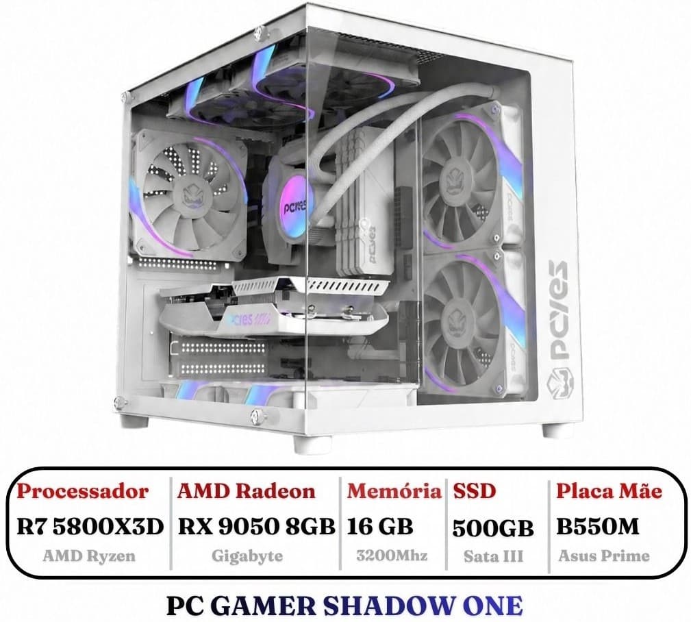 PC GAMER SHADOW ONE AMD RYZEN 7 5800X3D, AMD RADEON RX 9050 8GB, 16GB 3200MHZ, SSD 480GB, AIR COOLER, FONTE 650W 80PLUS, GABINETE RISE MODE GALAX